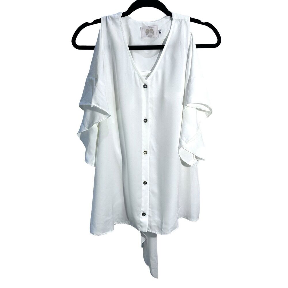 lorane Womens Designer Cold Shoulder Button Up Butterfly Sleeve Ivory Size Med